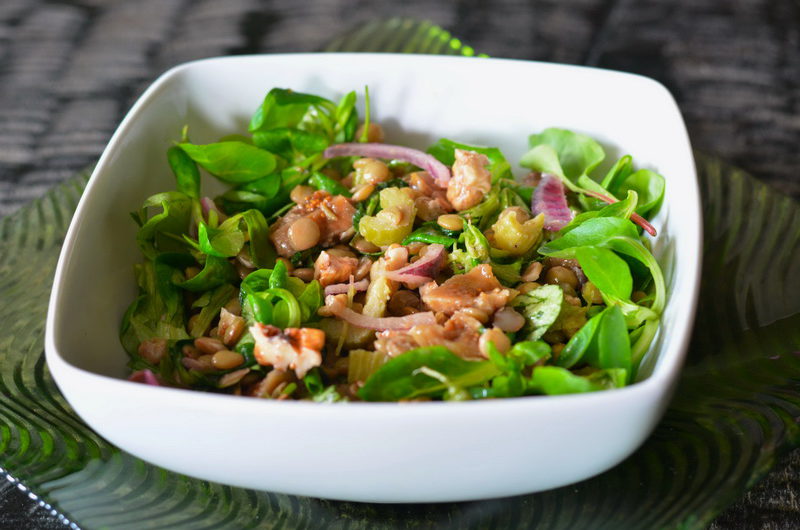 Aromatic vegan lentil salad with walnuts and dried figs