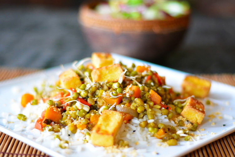 Mung beans with tofu, veggies, and peanuts (vegan)